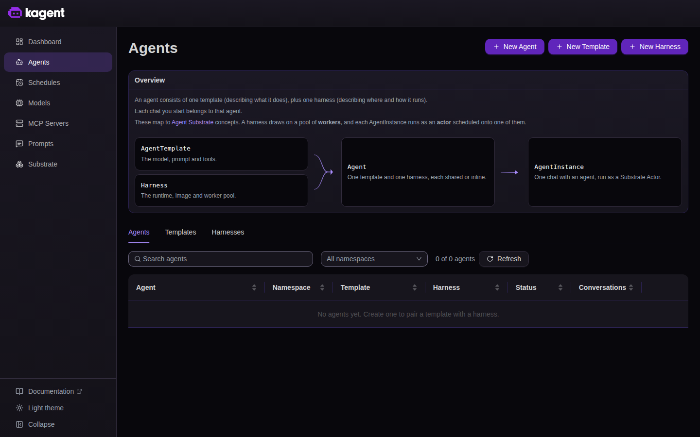 The Agents page, listing agents, templates, and harnesses